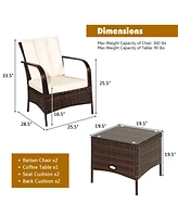 Sugift 3 Pieces Patio Rattan Conversation Set with Glass Top Coffee Table and Cushions