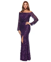 Xscape Petite Sequin Off-The-Shoulder Side-Slit Gown