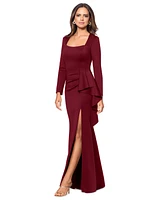 Xscape Petite Scuba Square-Neck Ruffle-Side Gown