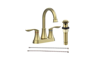 Slickblue Brushed Gold Bathroom Faucet with Pop-Up Drain & Supply Hoses, 2-Handle 360-Degree High Arc Swivel Spout, 4