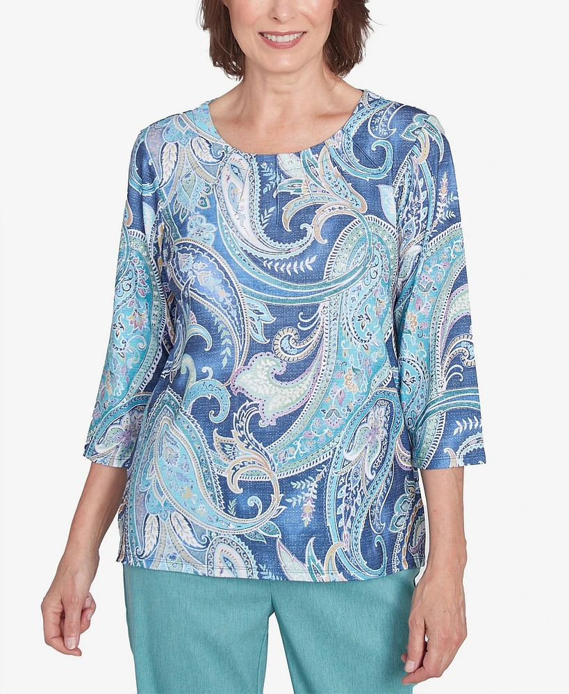 Alfred Dunner Petite Paisley Pleated Neck Top