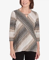 Alfred Dunner Petite Neutral Spliced Textured Stripe Top