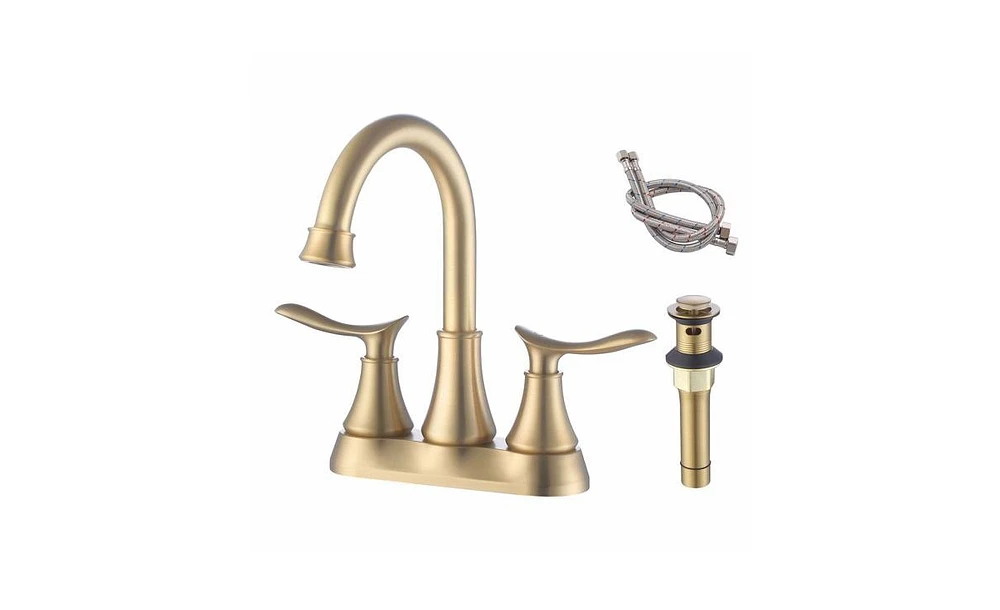 Slickblue 2-Handle 4-Inch Brushed Gold Bathroom Faucet with Pop-Up Drain and Supply Hoses for Vanity Sinks