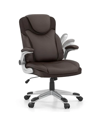 Costway Ergonomic Office Chair Pu Leather Executive Swivel with Flip-up Armrests