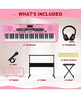 Givimo 61-Key Pink Electric Keyboard Piano for Beginners with Stand, Bench, Microphone, Headphones, Dual Speakers & Teaching Modes
