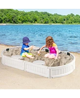 Costway 6F Wooden Sandbox with Built-in Corner Seat, Cover, Bottom Liner for Outdoor Play