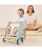 Costway Wooden Baby Walker Push & Pull Walker with Multi-Activity Learning Center