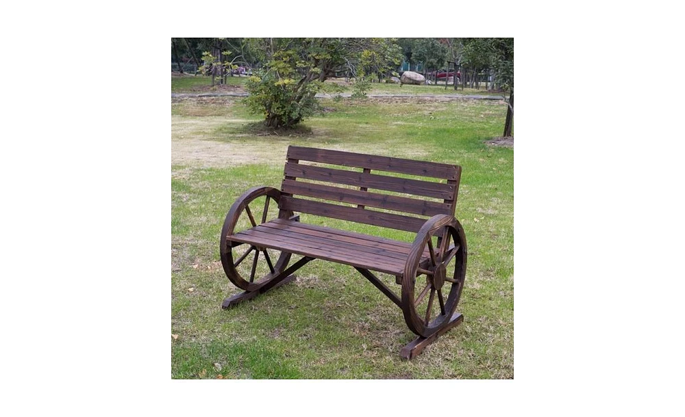Slickblue Rustic 2-Person Wooden Wagon Wheel Bench with Backrest
