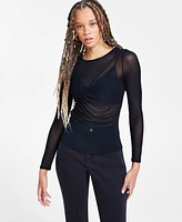 Bar Iii Women's Long-Sleeve Ruched Mesh Top, Exclusively at Macy's