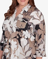 Alfred Dunner Plus Romancing the Stone Shadow Leaf Print Button Front Top