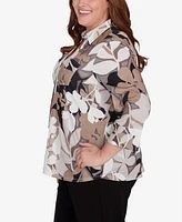 Alfred Dunner Plus Romancing the Stone Shadow Leaf Print Button Front Top