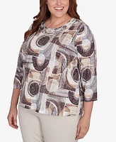 Alfred Dunner Plus Romancing the Stone Geometric Patch Print Top