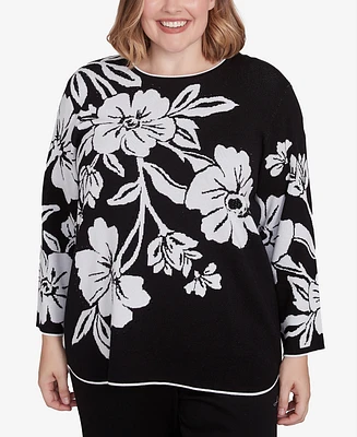 Alfred Dunner Plus Wild at Heart Dramatic Floral Crew Neck Sweater