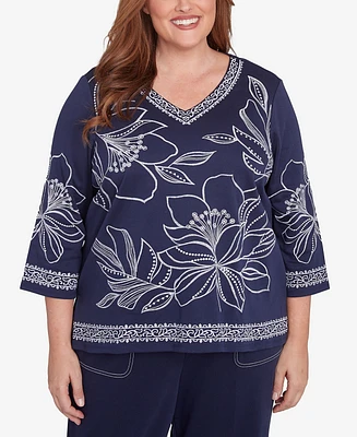 Alfred Dunner Plus Block Island Dynamic Floral Embroidered V-Neck Top