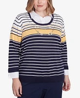 Alfred Dunner Plus Block Island Striped Two One Collared Sweater with Necklace