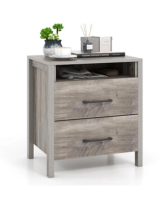 Gymax Nightstand w/ 2 Drawers Farmhouse Bed Side Table w/ Open Storage Shelf