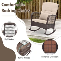 Costway Patio 3PCS Rocking Wicker Bistro Set 2 Rocker Chairs Tempered Glass Side Table