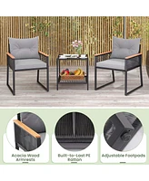 Costway 3 Pcs Outdoor Conversation Set with 2-Layer Side Table Acacia Wood Armrests