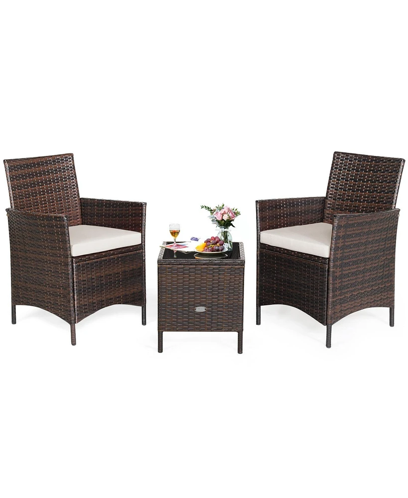 Sugift 3 Pieces Patio Cushioned Rattan Converstaion Set With Glass Table Top