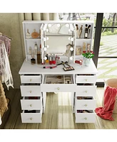 Homsee White Modern Makeup Vanity Desk 9 Drawers Wood Dressing Table With 3 Mirrors, Hidden Storage Shelves, Led Bulb Lights