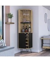 Bursan Corner Cabinet Six Built-in Wine Rack, Two Shelves, Four Shelves, Macadamia / Black