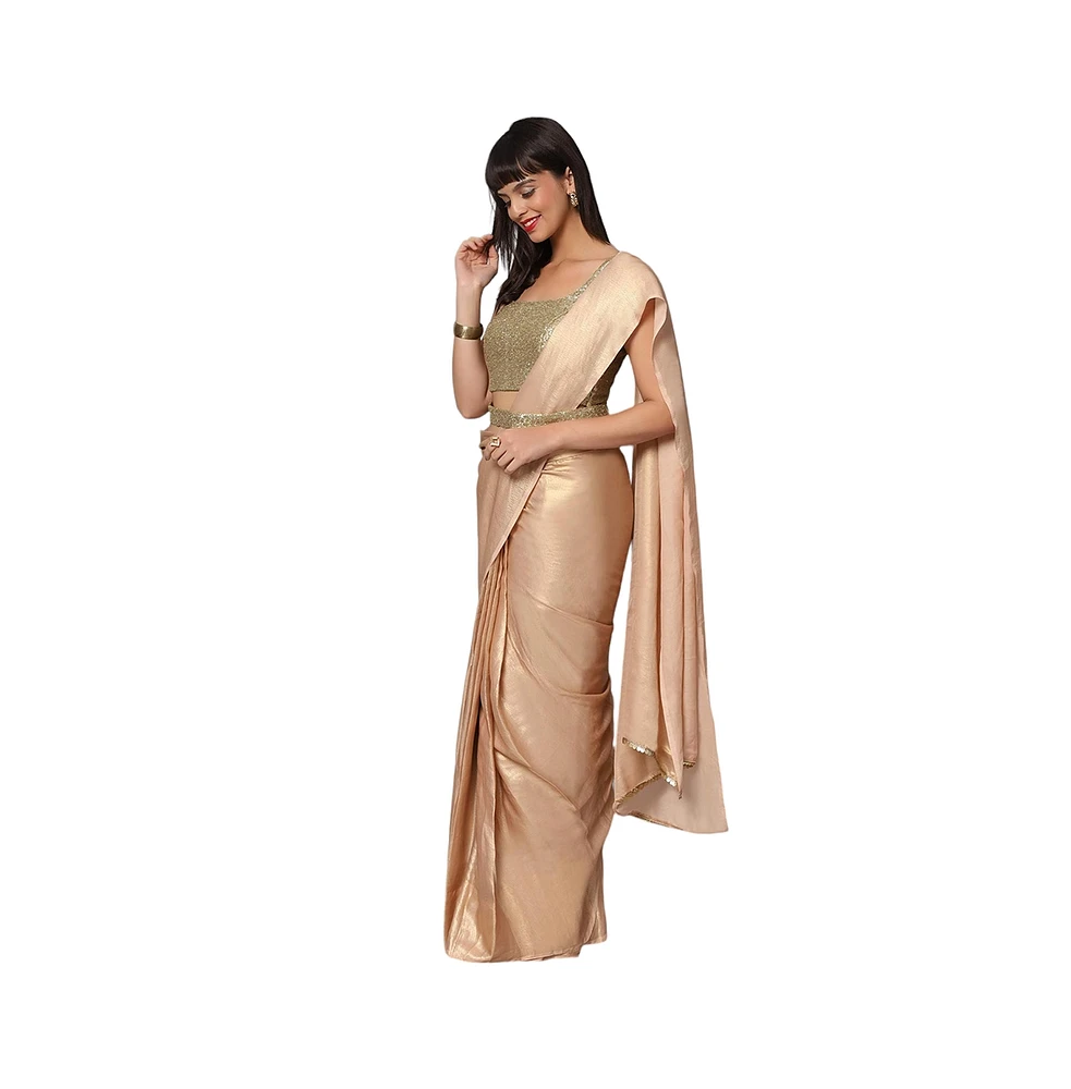 One Minute Saree Petite Meera Peach & Gold Shimmer Georgette Ready to Wear Sari with Belt