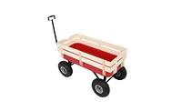 Slickblue Garden Wagon with Iron Frame and Wood Panels, Four-Wheel Design for Outdoor Gardening