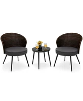 Sugift 3 Pieces Patio Rattan Bistro Set with 2 Seat Cushions and Tempered Glass Tabletop