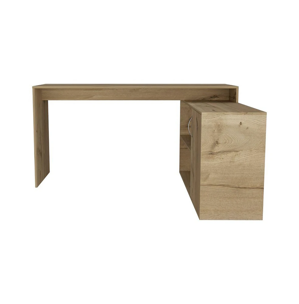 Depot E-Shop Boston L-Shaped Desk, Single Door Cabinet, Two Open Shelves, Interior Light Oak