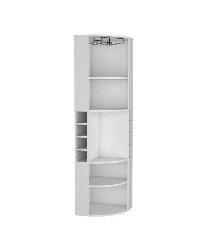 Depot E-Shop Agra 71" Corner Bar Cabinet with Five Shelves, Eight Bottle Cubbies and Stemware,Macadamia