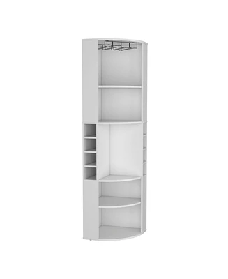 Depot E-Shop Agra 71" Corner Bar Cabinet with Five Shelves, Eight Bottle Cubbies and Stemware,Macadamia