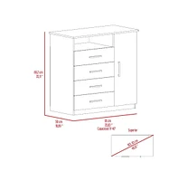 Rioja 4 Drawer Dresser, One Open Shelf, Superior Top, Single Door Cabinet, White