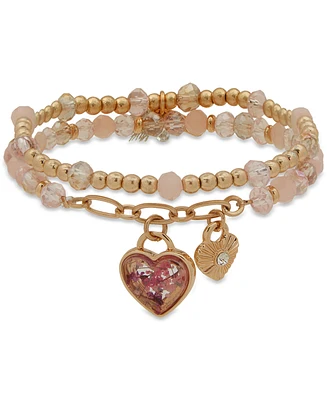 lonna & lilly Gold-Tone Heart Charm Mixed Bead Double-Row Stretch Bracelet