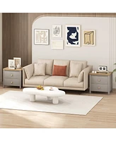 Gymax 2 Pcs Nightstand Farmhouse Side End Table w/ Solid Wood Legs & Drawers
