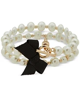 Anne Klein Gold-Tone Imitation Pearl & Black Bow Double Row Toggle Stretch Bracelet