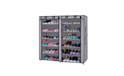 Slickblue 6-Row, 2-Line Non-Woven Fabric Shoe Rack with 12 Lattices for Organized Storage