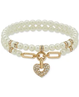 Anne Klein Gold-Tone Imitation Pearl & Pave Heart Charm Beaded Double Row Stretch Bracelet