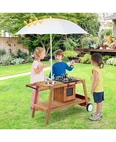 Hongge Wooden Play Cart for Toddlers Over 3 Years Old with Sun Proof Umbrella