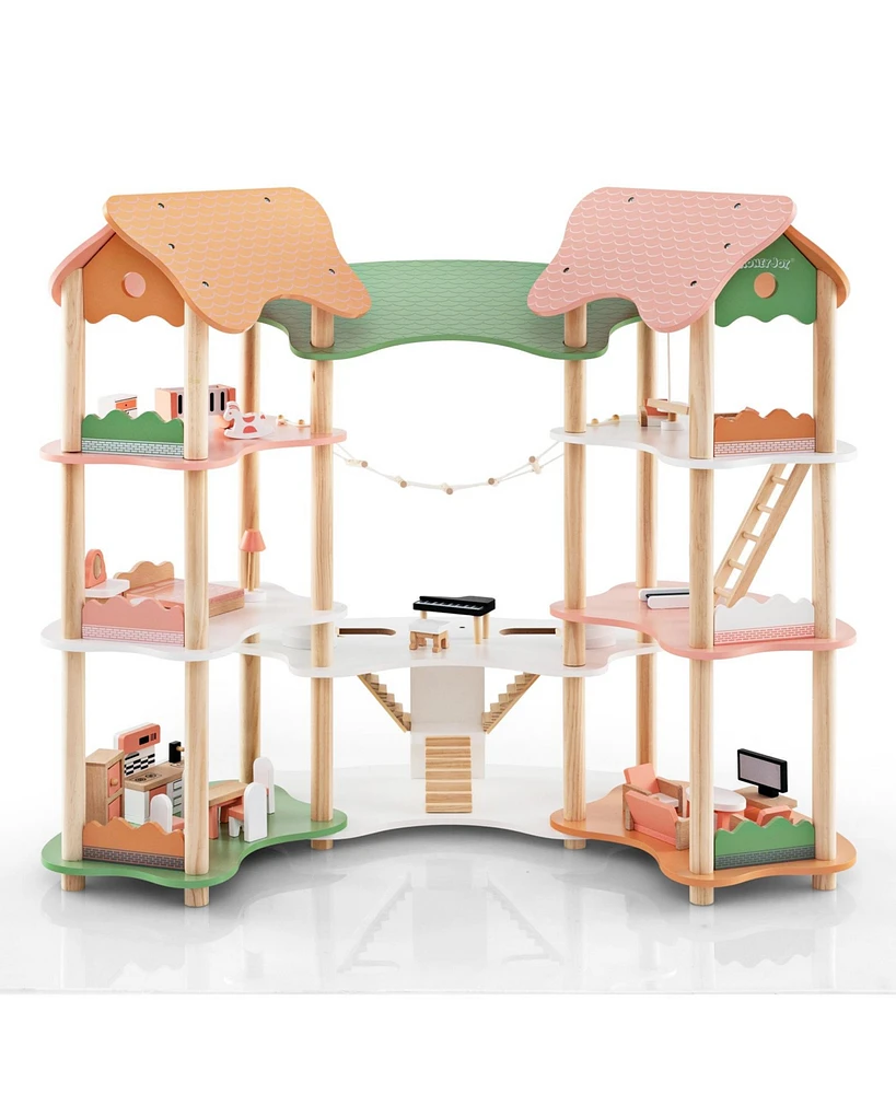 Hongge 3-Tier Wooden Dollhouse for Kids Aged 3-8 with 32 Pieces of Accessories