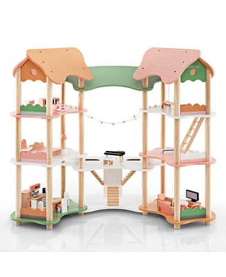 Hongge 3-Tier Wooden Dollhouse for Kids Aged 3-8 Years Old with 32 Pieces of Accessories-Multicolor