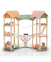 Hongge 3-Tier Wooden Dollhouse for Kids Aged 3-8 with 32 Pieces of Accessories