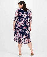 Connected Plus 3/4-Sleeve Ruffle-Trimmed Wrap Dress