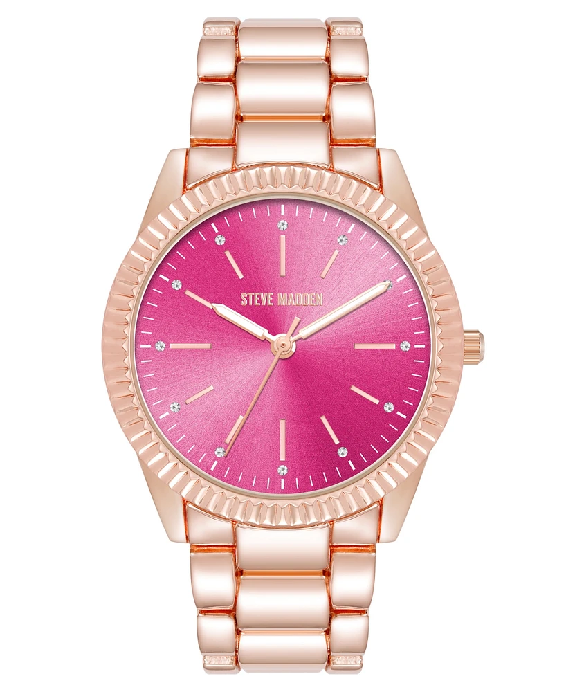 Steve Madden Women's Coin Edge Hot Pink and Rose Gold-Tone Alloy Metal Bracelet Watch, 36mm