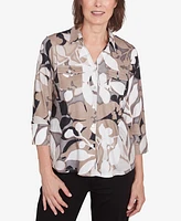 Alfred Dunner Women's Romancing the Stone Shadow Leaf Print Button Front Top