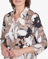 Alfred Dunner Women's Romancing the Stone Shadow Leaf Print Button Front Top