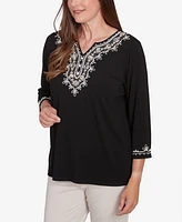 Alfred Dunner Women's Romancing the Stone Split Neck Scroll Embroidered Top