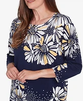 Alfred Dunner Women's Block Island Embellished Daisy Crew Neck Sweater