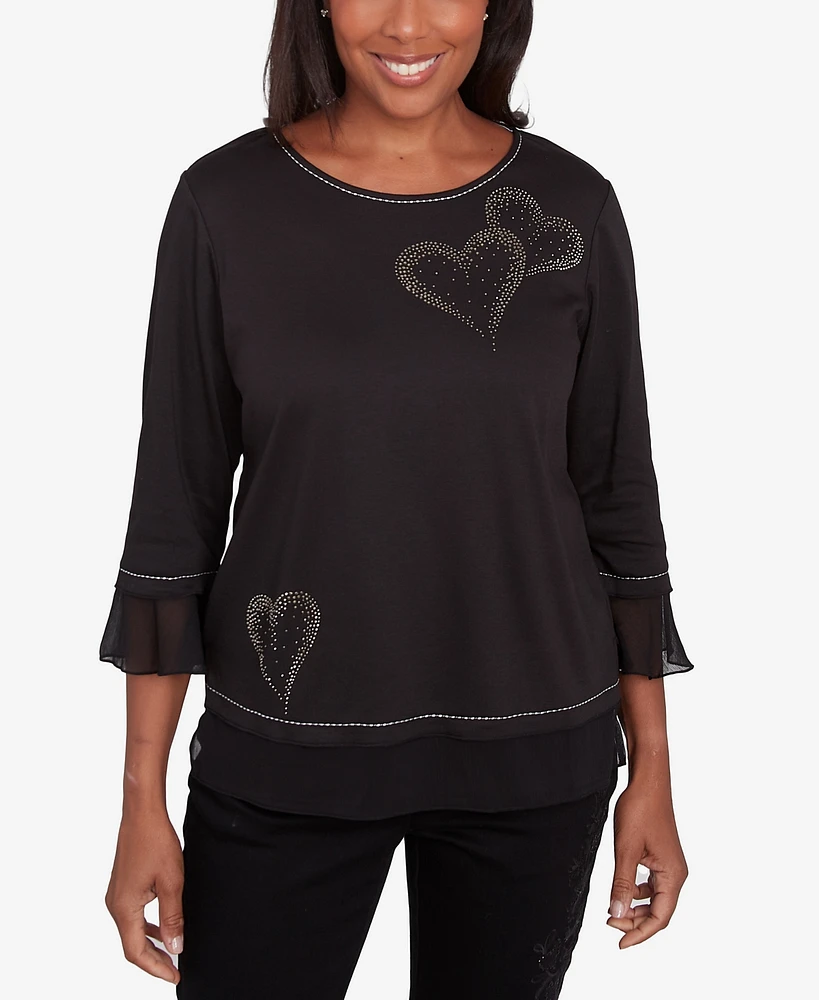 Alfred Dunner Women's Wild at Heart Asymmetric Hearts Beaded Neckline Top