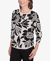 Alfred Dunner Women's Romancing the Stone Floral Jacquard Crew Neck Sweater