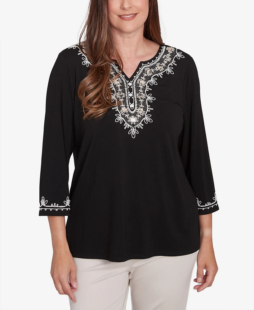 Alfred Dunner Women's Romancing the Stone Split Neck Scroll Embroidered Top